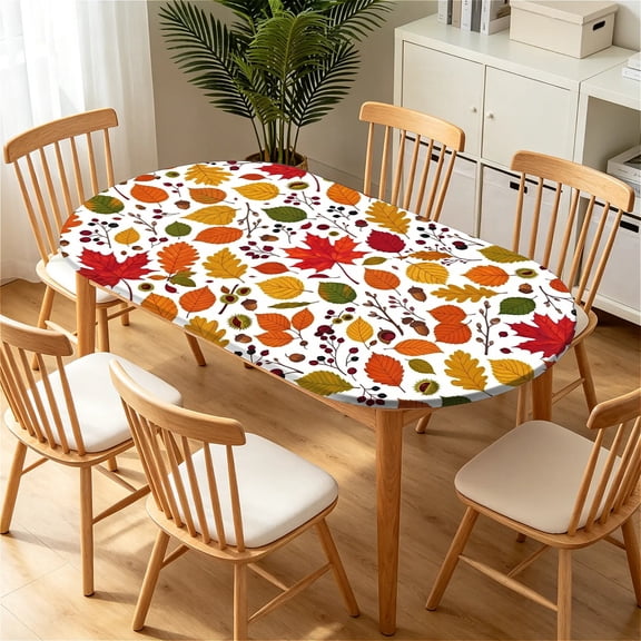 YESAD Elastic Tablecloth For Oval Tables, Waterproof Tablecover For Up To 60x84in Oval Table Cover, Dining Tablecover For Indoor And Outdoor, Holiday, Autumn-Leaf-Print