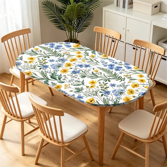 YESAD Elastic Tablecloth For Oval Tables, Waterproof Tablecover For Up To 60x84in Oval Table Cover, Dining Tablecover For Indoor And Outdoor, Holiday, Light-Wildflower