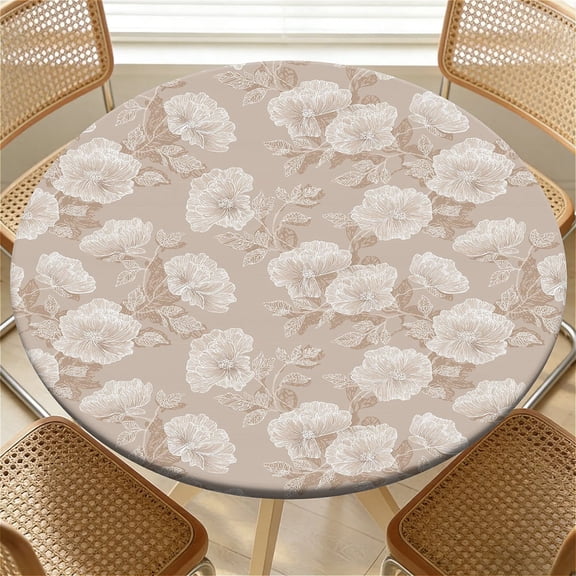 YESAD Elastic Tablecloth For Round Tables, Waterproof Tablecover For Up To 36in Round Table, Dining Tablecover For Indoor And Outdoor, Holiday, Beige Rose Print