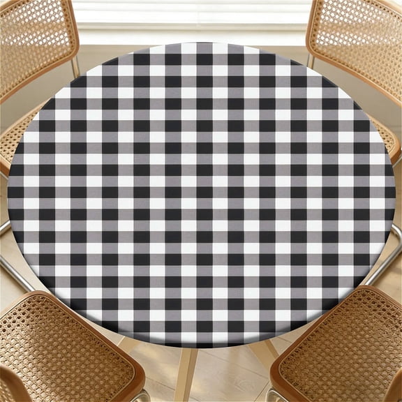 YESAD Elastic Tablecloth For Round Tables, Waterproof Tablecover For Up To 36in Round Table, Dining Tablecover For Indoor And Outdoor, Holiday, Black Gingham Check