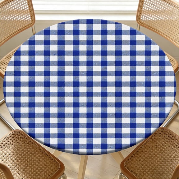 YESAD Elastic Tablecloth For Round Tables, Waterproof Tablecover For Up To 36in Round Table, Dining Tablecover For Indoor And Outdoor, Holiday, Blue Gingham Check