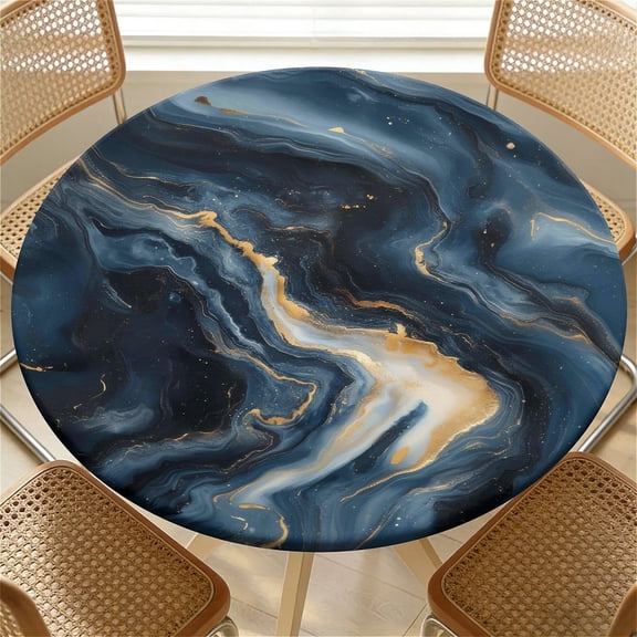 YESAD Elastic Tablecloth For Round Tables, Waterproof Tablecover For Up To 36in Round Table, Dining Tablecover For Indoor And Outdoor, Holiday, Blue Gold Agate