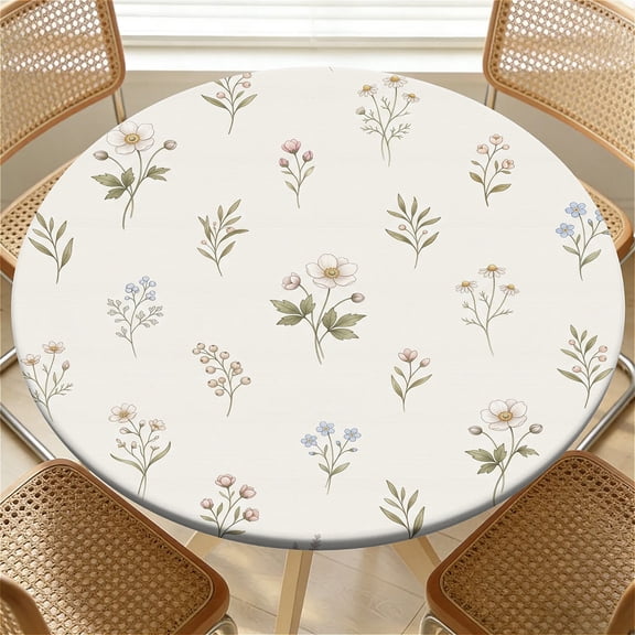 YESAD Elastic Tablecloth For Round Tables, Waterproof Tablecover For Up To 36in Round Table, Dining Tablecover For Indoor And Outdoor, Holiday, Cream Tiny Wildflower