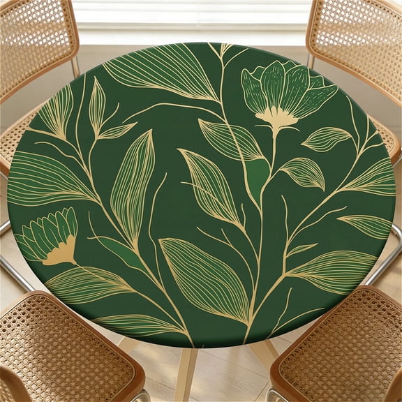 YESAD Elastic Tablecloth For Round Tables, Waterproof Tablecover For Up To 36in Round Table, Dining Tablecover For Indoor And Outdoor, Holiday, Dark Green Gold Leaf