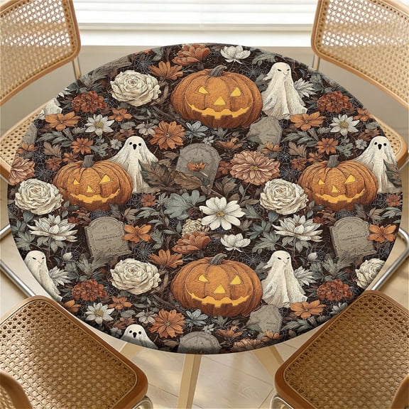 YESAD Elastic Tablecloth For Round Tables, Waterproof Tablecover For Up To 36in Round Table, Dining Tablecover For Indoor And Outdoor, Holiday, Halloween Pumpkin Ghost