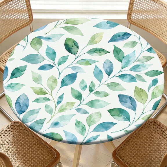YESAD Elastic Tablecloth For Round Tables, Waterproof Tablecover For Up To 36in Round Table, Dining Tablecover For Indoor And Outdoor, Holiday, Mint Foliage
