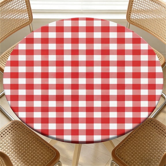 YESAD Elastic Tablecloth For Round Tables, Waterproof Tablecover For Up To 36in Round Table, Dining Tablecover For Indoor And Outdoor, Holiday, Red Gingham Check