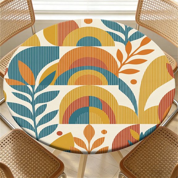 YESAD Elastic Tablecloth For Round Tables, Waterproof Tablecover For Up To 36in Round Table, Dining Tablecover For Indoor And Outdoor, Holiday, Sunset-Botanical-Pattern