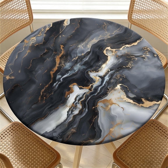 YESAD Elastic Tablecloth For Round Tables, Waterproof Tablecover For Up To 44in Round Table, Dining Tablecover For Indoor And Outdoor, Holiday, Black Gold Marble