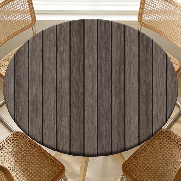 YESAD Elastic Tablecloth For Round Tables, Waterproof Tablecover For Up To 44in Round Table, Dining Tablecover For Indoor And Outdoor, Holiday, Graphite Wood Slats