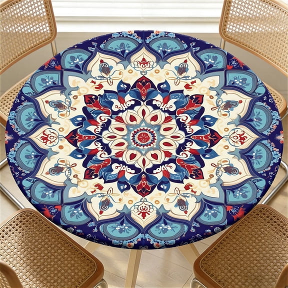 YESAD Elastic Tablecloth For Round Tables, Waterproof Tablecover For Up To 52in Round Table, Dining Tablecover For Indoor And Outdoor, Holiday, Bohemian Mandala Tile