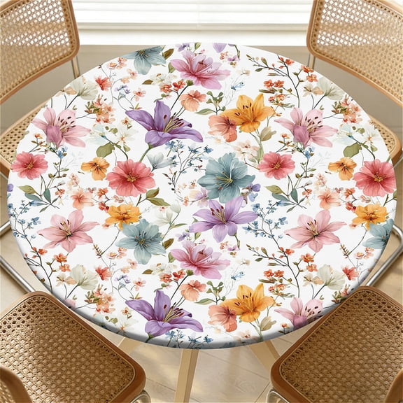 YESAD Elastic Tablecloth For Round Tables, Waterproof Tablecover For Up To 60in Round Table, Dining Tablecover For Indoor And Outdoor, Holiday, Soft Pastel Floral