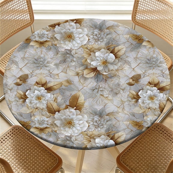 YESAD Elastic Tablecloth For Round Tables, Waterproof Tablecover For Up To 65in Round Table, Dining Tablecover For Indoor And Outdoor, Holiday, Gold Floral Texture