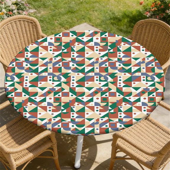 YESAD Elastic Tablecloth For Round Tables, Waterproof Tablecover For Up To 65in Round Table, Dining Tablecover For Indoor And Outdoor, Holiday, Patchwork-Triangle