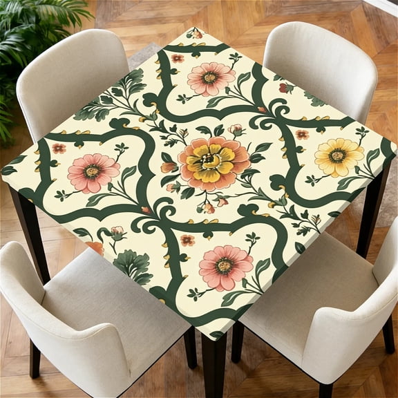 YESAD Elastic Tablecloth For square Tables, Waterproof Tablecover For Up To 34in square Table Cover, Dining Tablecover For Indoor And Outdoor, Holiday, Black Mandala