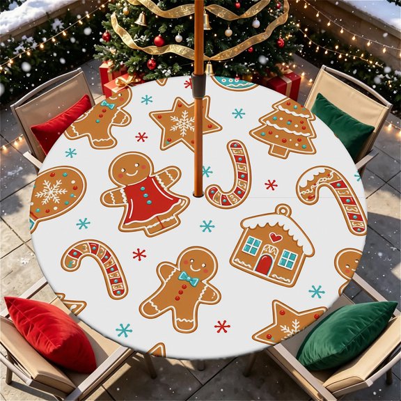 YESAD Round Outdoor Tablecloth For Up To 36 in With Umbrella Hole & Zipper Waterproof Elastic Edge Fitted Table Cover Big Sunflower For Patio Picnic Party, Cookie Print