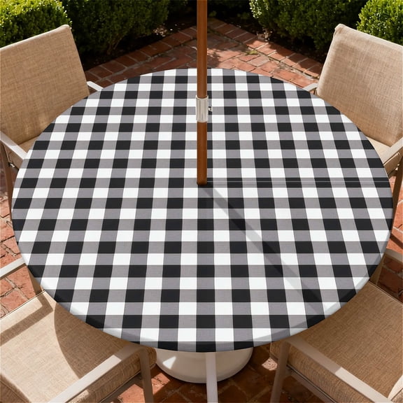YESAD Round Outdoor Tablecloth For Up To 36in With Umbrella Hole & Zipper Waterproof Elastic Edge Fitted Table Cover Big Sunflower For Patio Picnic Party, Black Gingham Check