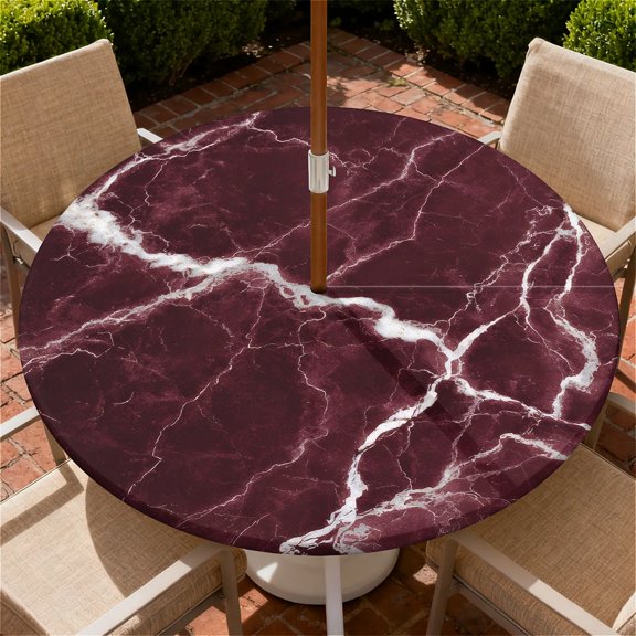 YESAD Round Outdoor Tablecloth For Up To 36in With Umbrella Hole & Zipper Waterproof Elastic Edge Fitted Table Cover For Patio Picnic Party, Deep Red Marble