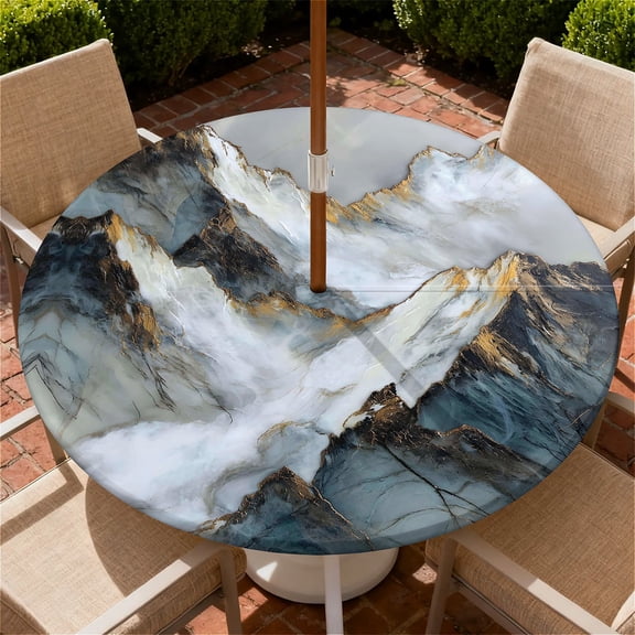 YESAD Round Outdoor Tablecloth For Up To 36in With Umbrella Hole & Zipper Waterproof Elastic Edge Fitted Table Cover For Patio Picnic Party, Gold Mountain Watercolor