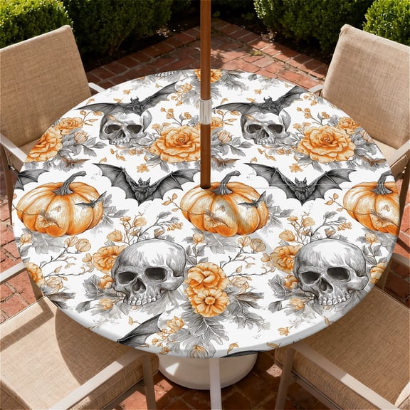 YESAD Round Outdoor Tablecloth For Up To 36in With Umbrella Hole & Zipper Waterproof Elastic Edge Fitted Table Cover Big Sunflower For Patio Picnic Party, Halloween Pumpkin Print