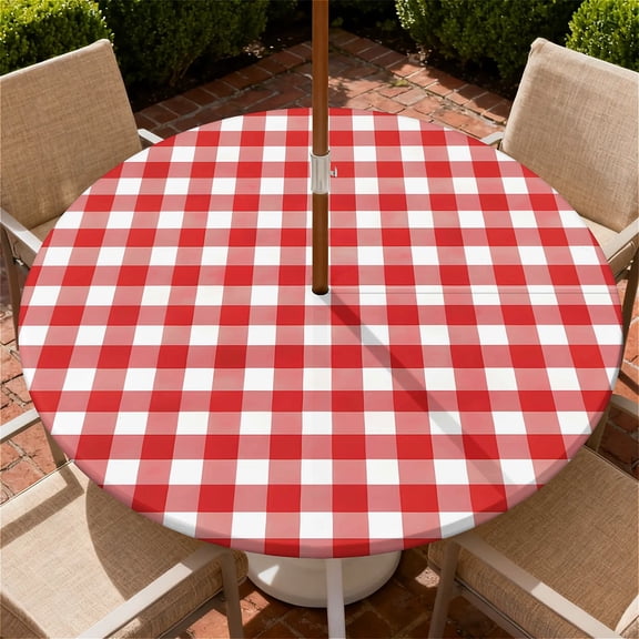 YESAD Round Outdoor Tablecloth For Up To 36in With Umbrella Hole & Zipper Waterproof Elastic Edge Fitted Table Cover For Patio Picnic Party, Red Gingham Check