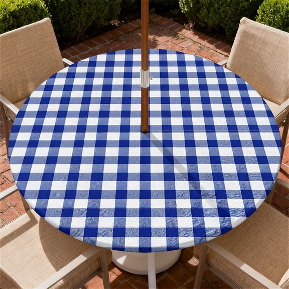 YESAD Round Outdoor Tablecloth For Up To 65in With Umbrella Hole & Zipper Waterproof Elastic Edge Fitted Table Cover Big Sunflower For Patio Picnic Party, Blue Gingham Check