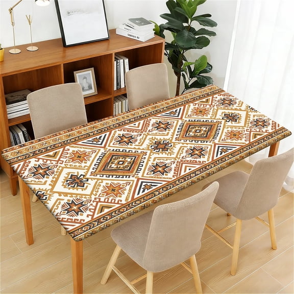 YESAD Waterproof Fitted Rectangle Tablecloth With Elastic Edge, Wipeable Table Cover For 6 Ft Tables, Perfect For Outdoor Picnic & Camping,24x48in,Boho-Kilim-Square