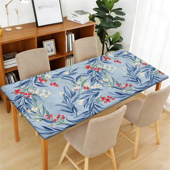 YESAD Waterproof Fitted Rectangle Tablecloth With Elastic Edge, Wipeable Table Cover For 6 Ft Tables, Perfect For Outdoor Picnic & Camping,24x48in,Dusty-Blue-Berry-Leaf