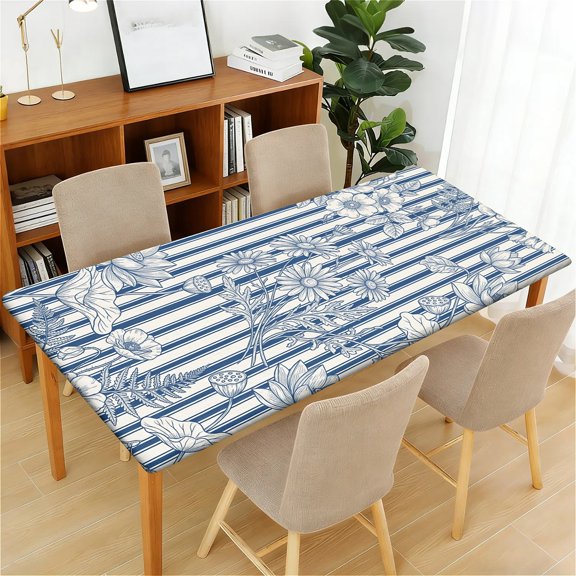 YESAD Waterproof Fitted Rectangle Tablecloth With Elastic Edge, Wipeable Table Cover For 6 Ft Tables, Perfect For Outdoor Picnic & Camping,24x48in,Floral-Stripe