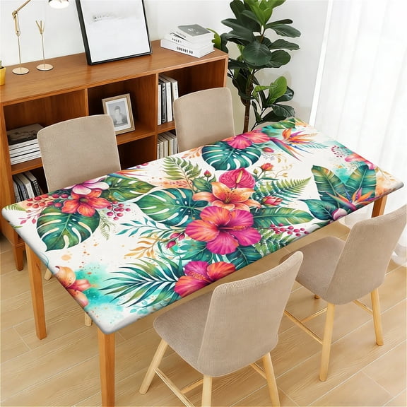 YESAD Waterproof Fitted Rectangle Tablecloth With Elastic Edge, Wipeable Table Cover For 6 Ft Tables, Perfect For Outdoor Picnic & Camping,24x48in,Hibiscus-Tropic