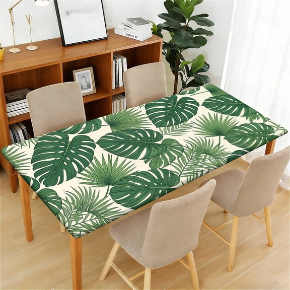 YESAD Waterproof Fitted Rectangle Tablecloth With Elastic Edge, Wipeable Table Cover For 6 Ft Tables, Perfect For Outdoor Picnic & Camping,24x48in,Jungle-Leaf