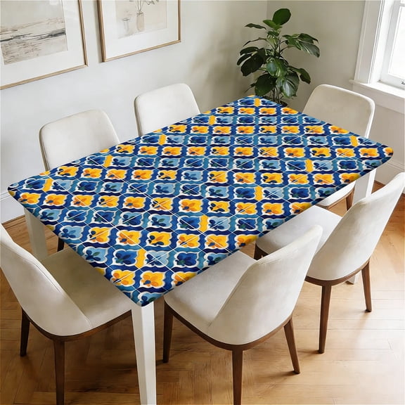 YESAD Waterproof Fitted Rectangle Tablecloth With Elastic Edge, Wipeable Table Cover For 6 Ft Tables, Perfect For Outdoor Picnic & Camping,30x48in,Blue-Gold-Diamond
