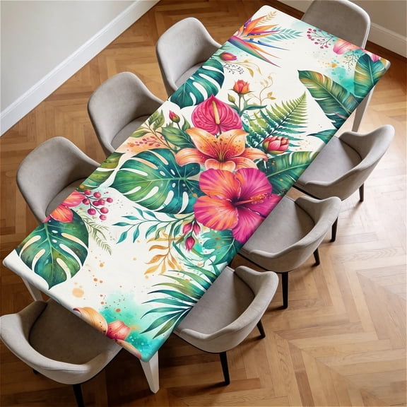 YESAD Waterproof Fitted Rectangle Tablecloth With Elastic Edge, Wipeable Table Cover For 6 Ft Tables, Perfect For Outdoor Picnic & Camping,30x96in,Hibiscus-Tropic