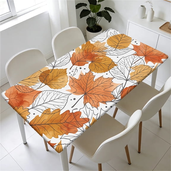 YESAD Waterproof Fitted Rectangle Tablecloth With Elastic Edge, Wipeable Table Cover For 6 Ft Tables, Perfect For Outdoor Picnic & Camping,31x55in,Orange-Leaf