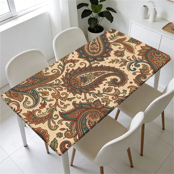 YESAD Waterproof Fitted Rectangle Tablecloth With Elastic Edge, Wipeable Table Cover For 6 Ft Tables, Perfect For Outdoor Picnic & Camping,31x55in,Vintage-Paisley