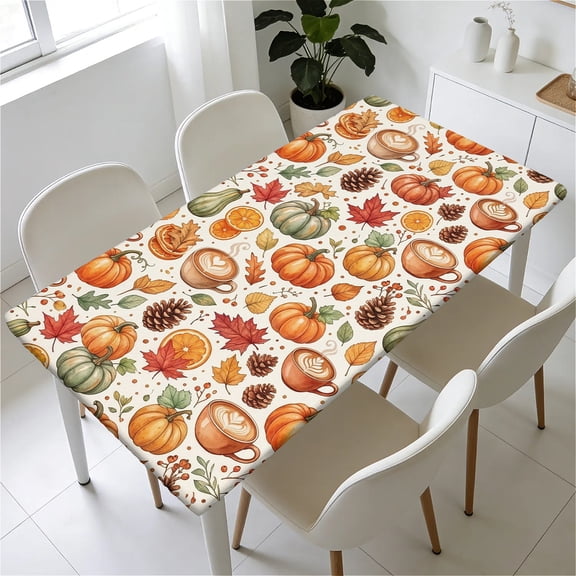YESAD Waterproof Fitted Rectangle Tablecloth With Elastic Edge, Wipeable Table Cover For 6 Ft Tables, Perfect For Outdoor Picnic & Camping,35x63in,Autumn-Gourd