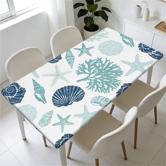 YESAD Waterproof Fitted Rectangle Tablecloth With Elastic Edge, Wipeable Table Cover For 6 Ft Tables, Perfect For Outdoor Picnic & Camping,35x63in,Mint-Sea-Life-Print