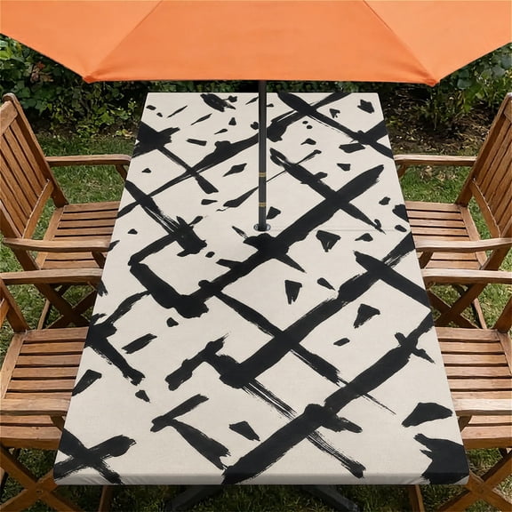 YESAD Waterproof Fitted Rectangle Tablecloth With Elastic Edge, Wipeable Table Cover For Tables With Umbrella Hole, Perfect For Outdoor Picnic & Camping,24x48 In,Chaotic Line Grid