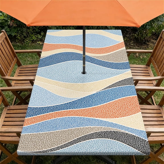 YESAD Waterproof Fitted Rectangle Tablecloth With Elastic Edge, Wipeable Table Cover For 6 Ft Tables With Umbrella Hole, Perfect For Outdoor Picnic & Camping,24x48 In,Retro Wave