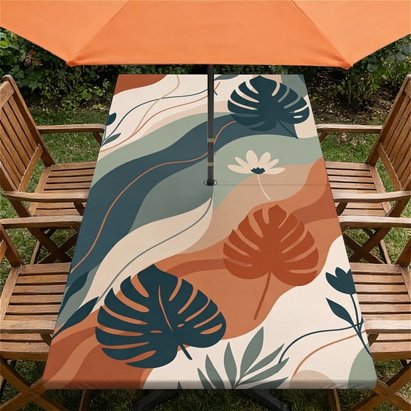 YESAD Waterproof Fitted Rectangle Tablecloth With Elastic Edge, Wipeable Table Cover For 6 Ft Tables With Umbrella Hole, Perfect For Outdoor Picnic & Camping,30x60 In,Wave-Jungle
