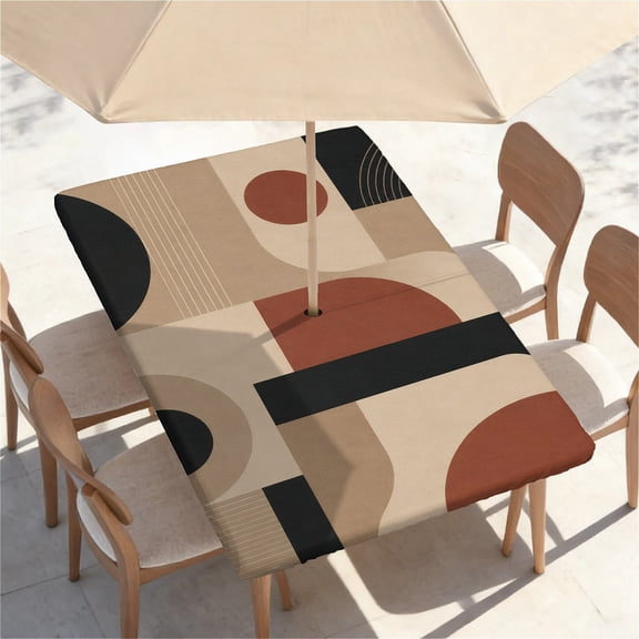 YESAD Waterproof Fitted Rectangle Tablecloth With Elastic Edge, Wipeable Table Cover For Tables With Umbrella Hole, Perfect For Outdoor Picnic & Camping,30x48 In,Boho Geometric