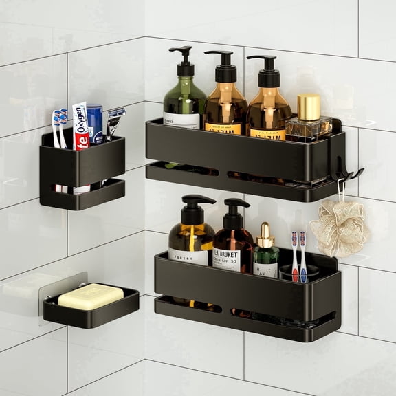 YESENT Rustproof Double-Tier Aluminum Wall-Mounted Toothbrush & Shower Organizer – Value Set, Black, 5-Piece Pack (2 Shelves, 1 Toothbrush Holder, 1 Soap Dish, 1 Hook)