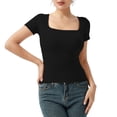 thumbnail image 1 of YESGG Square Neck Double Lined Short Sleeve Tops for Women, Basic Cute Summer Crop Tops Slim Fit Tight Shirts, 1 of 6
