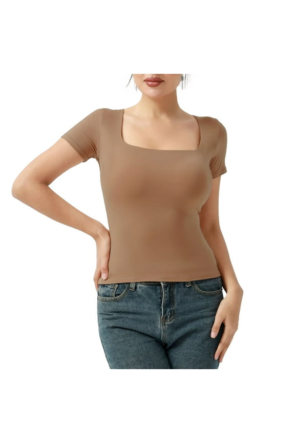 Square Neck Double Lined Short Sleeve Tops for Women, Basic Cute Summer Crop Tops Slim Fit Tight Shirts