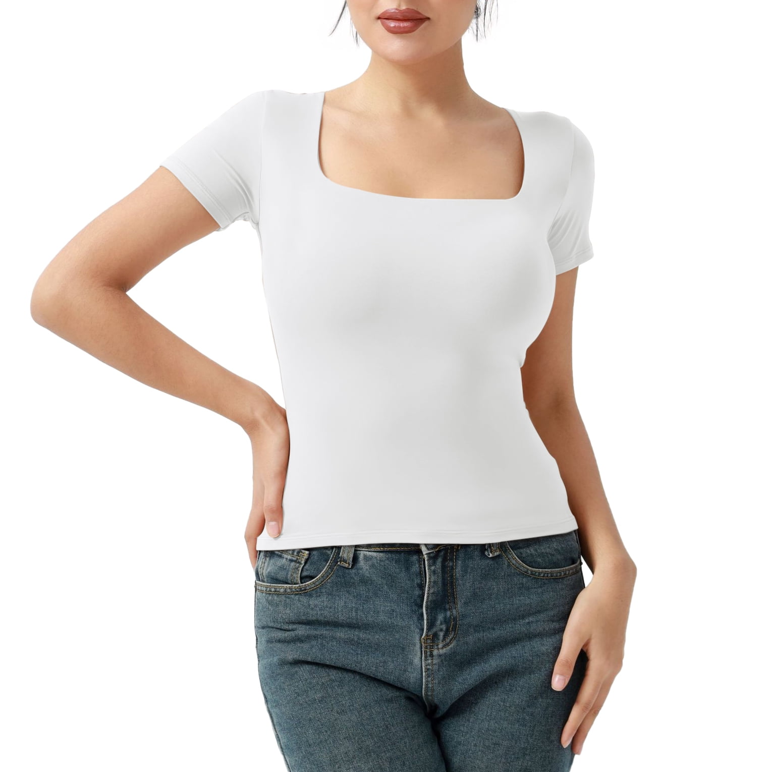 YESGG Square Neck Double Lined Short Sleeve Tops for Women, Basic Cute ...