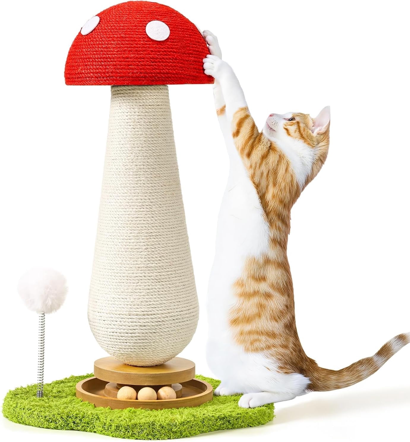 YESGIRL 20" Mushroom Cat Scratching Post with Ball Track & Spring Toys, 2-in-1 Sisal Scratcher & Play Station for Indoor Cats, Stable Base