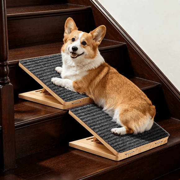 YESGIRL Dog Ramp for Stairs, 2-Pack Foldable Wooden Pet Ramp forSmall Dogs, Adjustable Angle Dog Stairs with Textured Anti-SlipSurface, Grey