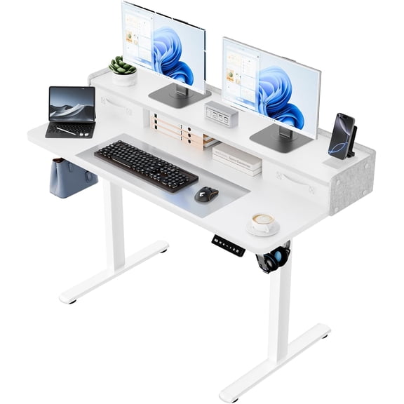 YESHOMY 48" x 23" Electric Standing Desk with 2 Storage Drawers, Height Adjustable Computer Desk, Low Noise Home Office Stand Up Desk with 2 Preset Heights & 2 Hooks, White