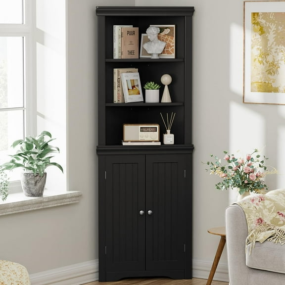 YESHOMY Corner Cabinet,Storage Cupboard with Doors,Tall Storage Cabinet with Adjustable Shelves, for Living Room,Bathroom,Kitchen,Dark Black