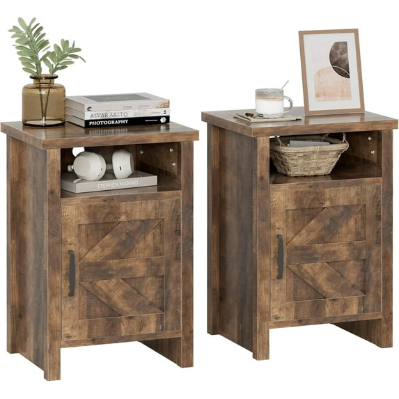 YESHOMY Farmhouse Modern Nightstands with Storage Shelf and Barn Door, Set of 2, for Bedroom, Pure Brown